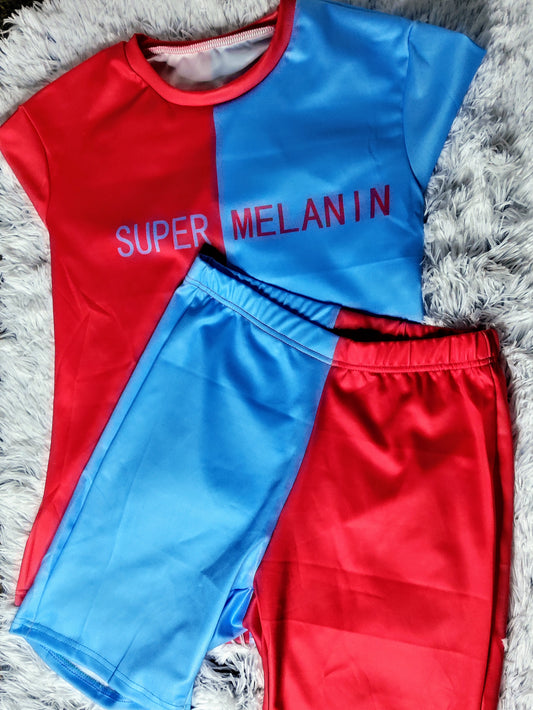 red and blue 5% spandex, 95 polyester blend 2 piece shirt and short pants set with padding underneath