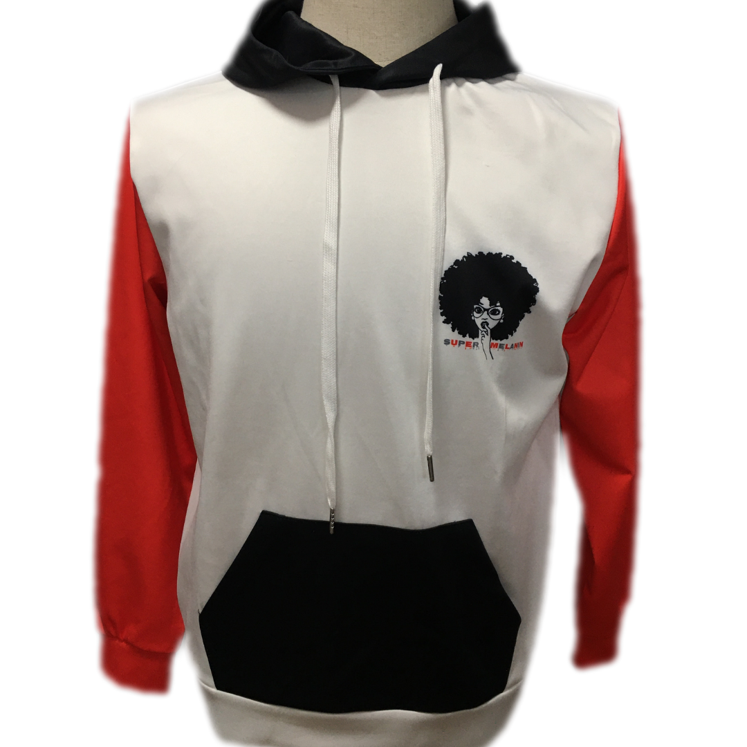 red,black and white women's hoodie with a little grey that has a melanin women on the front and back that is 15% spandex, 85% polyester fleece fabric.