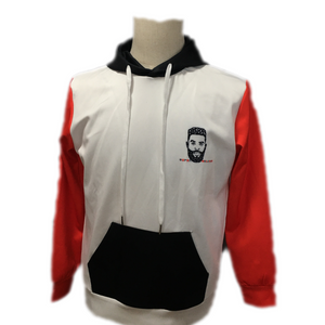 red,black and white men hoodie with a little grey that has a melanin man on the front and back that is 15% spandex, 85% polyester fleece fabric.